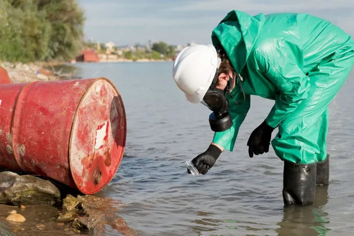 Environmentalist taking sample of polluted water