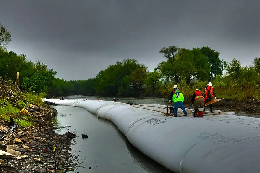 Men working on cofferdam construction project near river