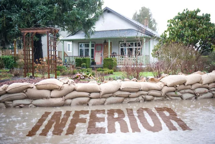 Home in background with sandbags and water surrounding it.