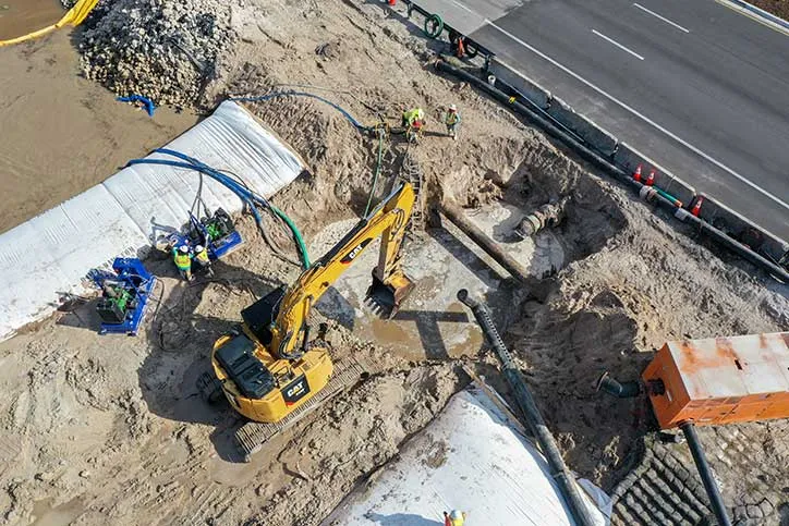Aerial view of crews working in a dry excavation protected by water-inflated cofferdams